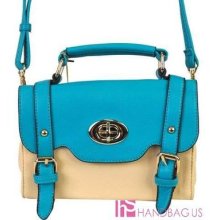St Barry Mini Briefcase Style Dual Belted Crossbody Bag W/ Twist Lock Beige Blue