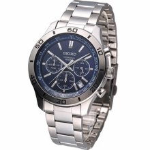 Stainless Steel Case And Bracelet Chronograph Navy Blue Dial Date Disp