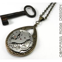 Steampunk Jewelry - Watch Movement Teardrop Necklace - Mechanical Watch Movement Pendant on Brass