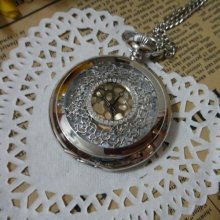 Steampunk Large Silver Vintage Filigree Baroque Hollow Pocket Watch