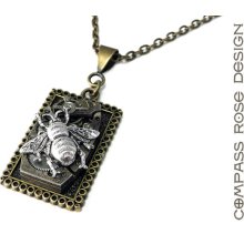 Steampunk Necklace - Brass Square Watch Movement Victorian Silver Bee Necklace - Handmade by Compass Rose Design
