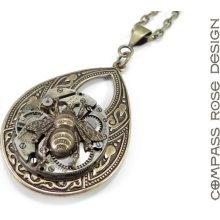 Steampunk Necklace - Brass Victorian Teardrop - Honey Bee - Mechanical Watch Movement Necklace - Steampunk Jewelry