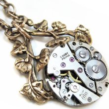 Steampunk necklace with vines, watch jewelry pendant necklace, vintage filigree artisan jewellery statement necklace