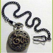 Steampunk Snake Pocket Watch and Gun Metal Black chain fob