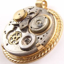 Steampunk Vintage Pocket Watch Gold Plated Pendant by Kay 47x52mm 5440