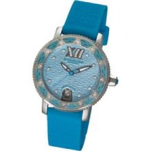 Stuhrling Original 225R.1116I6 Ladies Round Watch on a Turquise Leather Strap and Silver Dial with Turquise Bezel and Turquise Accents