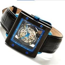 Stuhrling Original 337.33L51 Mens Automatic Black and Blue Caseandamp;#44; Blue Handsandamp;#44; Black Leather Strap