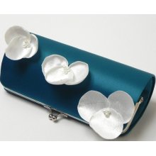 Teal Turquoise Bridesmaid Clutch or Teal Bridal Clutch with Ivory Orchid Flower Blooms - Kisslock Snap Petite Clutch - Teal Green Yellow