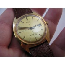 Timex 1960's, Automatic,date/just Cross Hair Dial,brown Band Mens Watch 372,lk