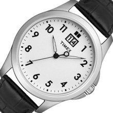 Timex Mens Analog Round Steel Watch Black Leather Band