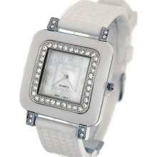 Trendy Ladies White Rubber Strap Square Watch Crystals