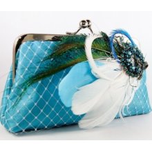 Turquoise Bridesmaids or Bridal Clutch with Peacock Feather Rhinestone Brooch 8-inch PEACOCK PASSION
