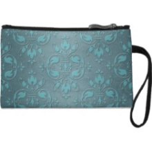 Two Tone Fancy Teal Damask Pattern Wristlet Clutch