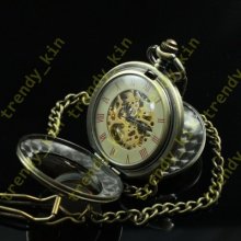 Two Way Open Brass Tinted Cover Skeleton Hand Winding Mechanical Pocket Watch