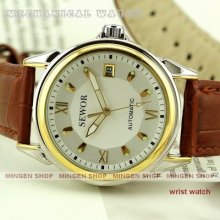 U202 Silver + Gold Case Pu Leather Date Men Automatic Mechanical Watch White