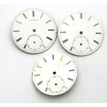 Used Lot Of 3 Swiss Porcelain Pocket Watch Dials With Sub Second Dials