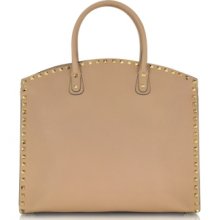 Valentino Designer Handbags, Rockstud - Zippered Nude Leather Tote