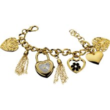 Vernier Ladies Heart Charm Mother of Pearl Dial Bracelet Fashion Watch (Gold-tone)
