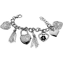 Vernier Ladies Heart Charm Mother of Pearl Dial Bracelet Fashion Watch (Silver-tone)