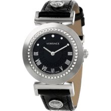 Versace Women's P5q99d009 S009 Vanity Round Stainless Steel Black Leather Band W