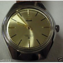 Very Rare Hmt Akash 17 Jewels Winding Men's Wrist Watch Golden Dial Leather Band
