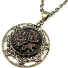 Victorian Button Jewelry - Burgundy Blossom Antique Button Necklace - Picture Button Pendant