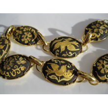 Vintage 1960s Damascene Floral Bird Bracelet Toledo Steel Summer Fashions