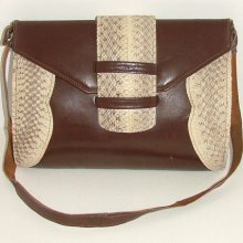 Vintage 40s real snakeskin and brown leather shoulder bag grab handbag suede lined