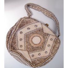 Vintage Art Deco 1920s Handbag Flapper Hand Beaded Purse Geometric Design Ivory and Bronze Clutch Style Purse