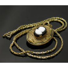 Vintage Cameo Locket Necklace In Gold Tone