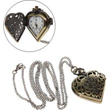 Vintage Design Women Copper Carved Necklace Quartz Pocket Watch Full Heart