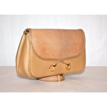 Vintage GUCCI Clutch Tan Lizard Leather Medallion Convertible Handbag -AUTHENTIC-