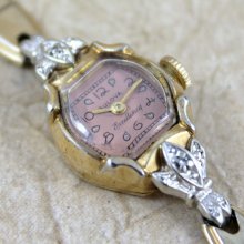 Vintage Ladies Bulova Excellency Watch - Circa 1958 - Gold Tone Case - Salmon Colored Dial - Mid Century - Diamond Accent - Wind Up Watch