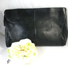 Vintage leather clutch, BLACK- handbag or purse - zippered pouch