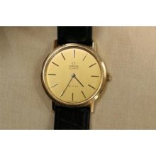 Vintage Men's Omega De Ville Quartz 14k Gold W/ Black Leather Strap