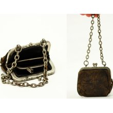 Vintage Purse Early 1900s - Small Brown Leather Kiss Lock Purse with Chain Handle