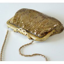 Vintage Rhinestone & Gold Mesh Clutch Evening Shoulder Bag