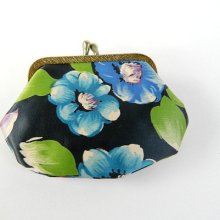 Vintage Satin Floral Kisslock Change Coin Purse - Blue & Green Flowers - 1940