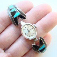 Vintage Southwestern Sterling Silver Ladies Watchband Wittnauer Watch Turquoise