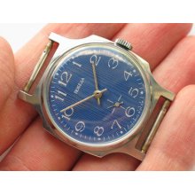 Vintage Soviet Pobeda Zim Watch 15j Blue Guilloche Dial Serviced Exc.condtn