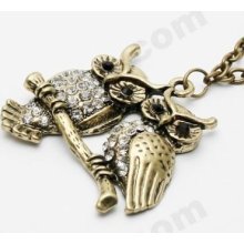 Vintage Style Bronze Rhinestone Branch Two Owl Pendant Necklace Bird Jewelry