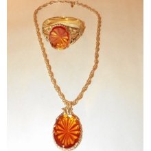 Vintage Whiting & Davis Set Necklace Bracelet W/ Amber Colored Stone - Signed