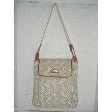 Vtg 90s Khaki Green Ivory Canvas Chevron Design Shoulder Bag Purse