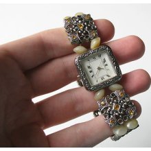 Vtg Old Silver Tone White Face Accutime Beaded Bracelet Ladies Womens Watch W54