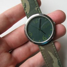 Vtg Silver Tone Camo Cloth Band Green Face Galeries La Fayette Casual Watch W74