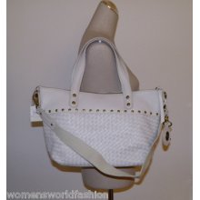 W/ Tag Fossil Cream Sanabel Studded Woven Leather Satchel Handbag Bag