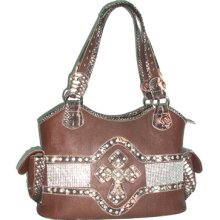 Western Cross Accent Rhinestone Bling Faux Leather Hobo Handbag Purse Brown