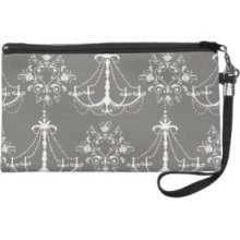 white chandelier damask on grey silver Wristlet Clutch