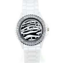 White Color Hot Zebra Stripe Crystal Circle Silicone Quartz Lady Wrist Watch