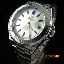 White Dial Stainless Steel Band Mens Automatic Mechanical Watch Calendar Watch